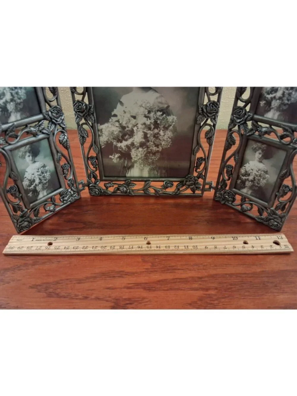 Frame Silver Pewter Victorian Style Trifold Rose Holds 5 Photos 5x7 & 2x3s Vtg